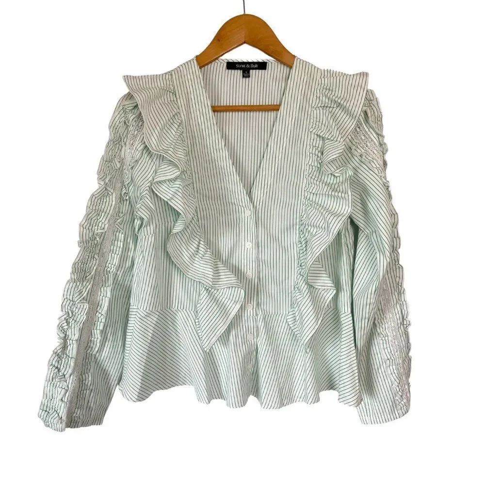 Strut & Bolt Green Stripe Ruffle V-neck Long Sleeve Shirt w/ Lace Detail